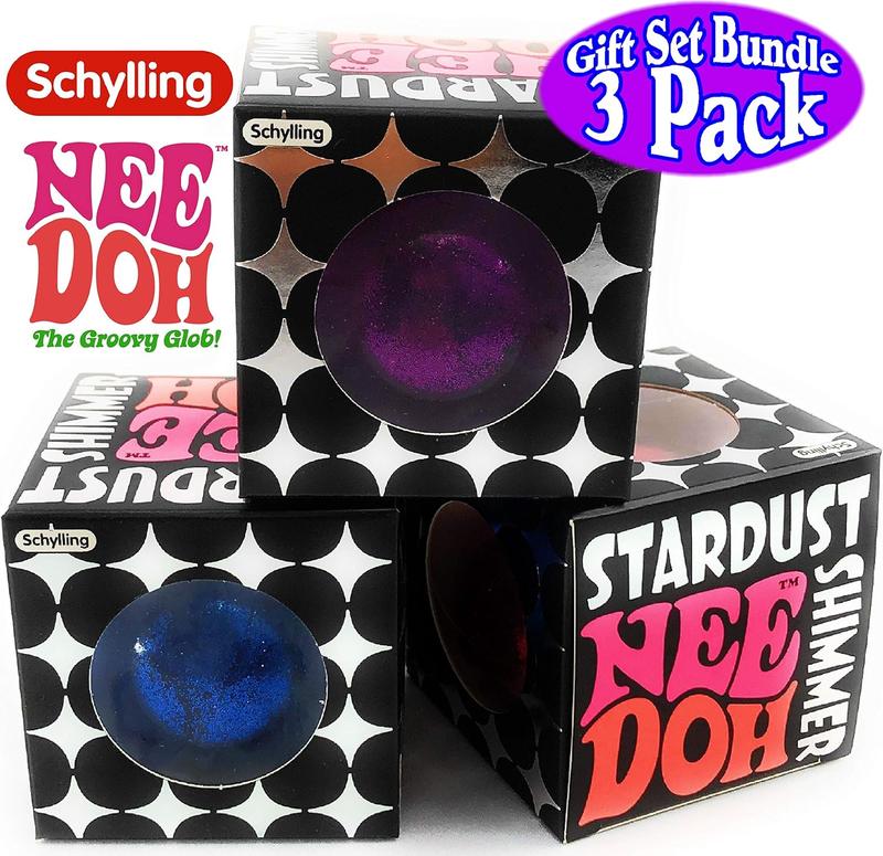 Nee-Doh Schylling Stardust Shimmer Groovy Glob! Squishy, Squeezy, Stretchy Stress Balls Blue, Red & Purple Complete Gift Set Party Bundle - 3 Pack