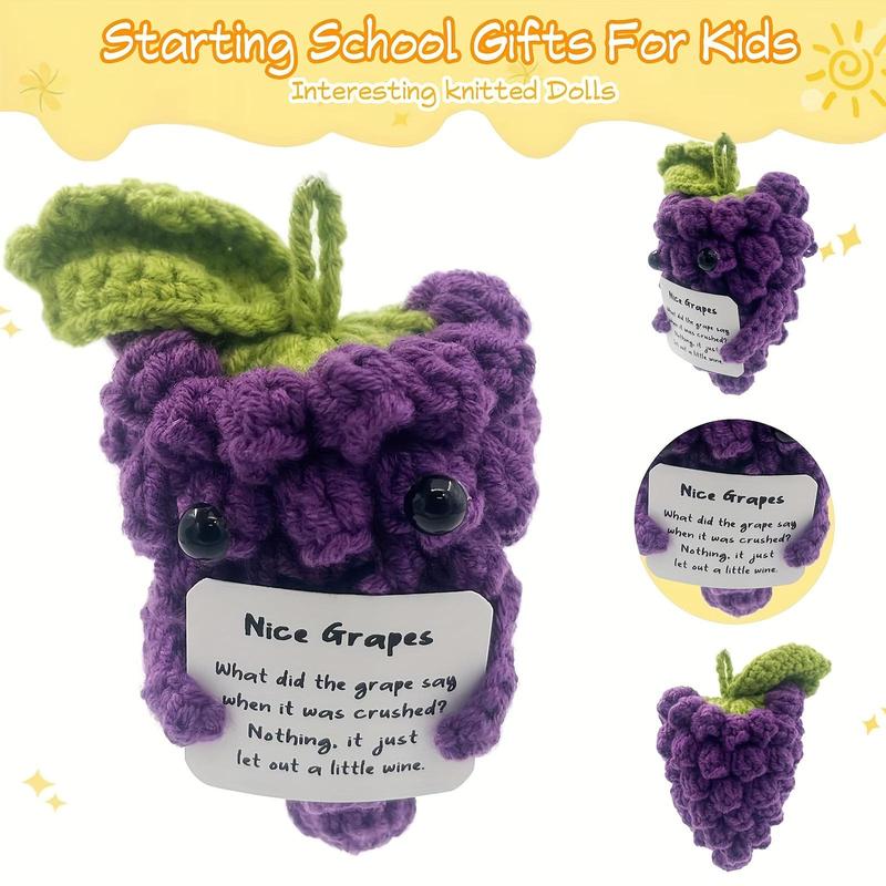 Funny Purple Grape Shaped Crochet Toy, Mini Crochet Potato Toy with Positive Card, Emotional Support Cheer Up Encouragement Gift for Friends