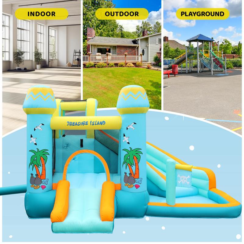 Kids Inflatable Bounce House w 450W Blower, Kid Bouncer & Water Slide 2 in 1, Outdoor Indoor Bouncy Castle Water Park Backyard with 2 Slides, Climbing Wall, Jumping Area, Splash Pool