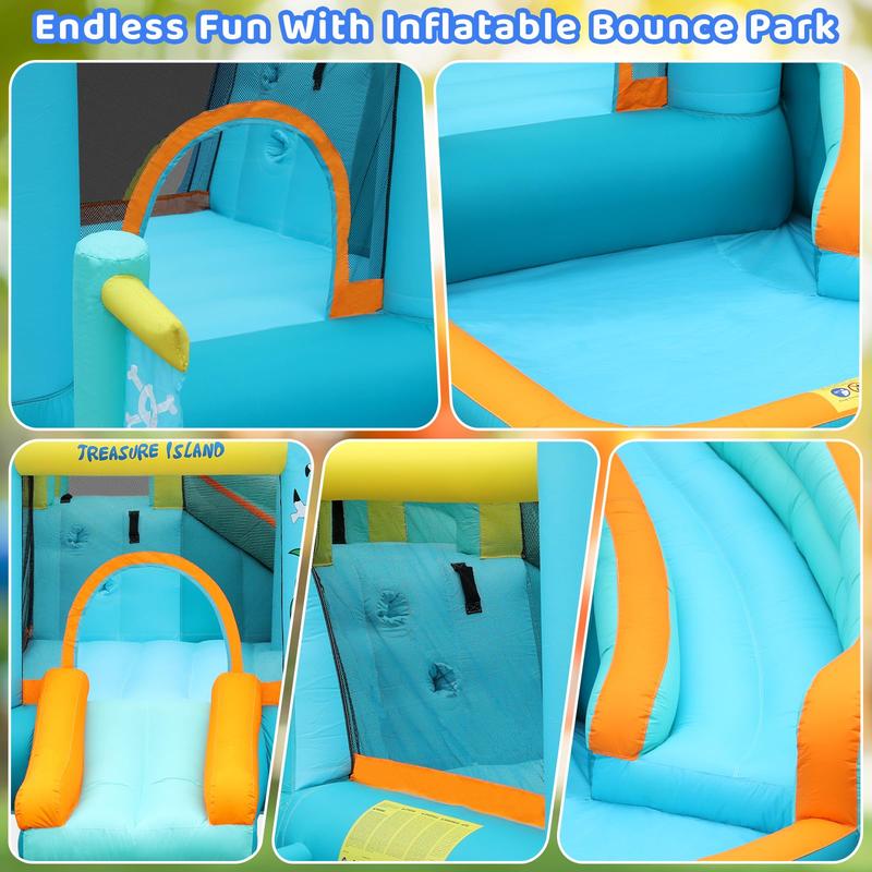 Kids Inflatable Bounce House w 450W Blower, Kid Bouncer & Water Slide 2 in 1, Outdoor Indoor Bouncy Castle Water Park Backyard with 2 Slides, Climbing Wall, Jumping Area, Splash Pool