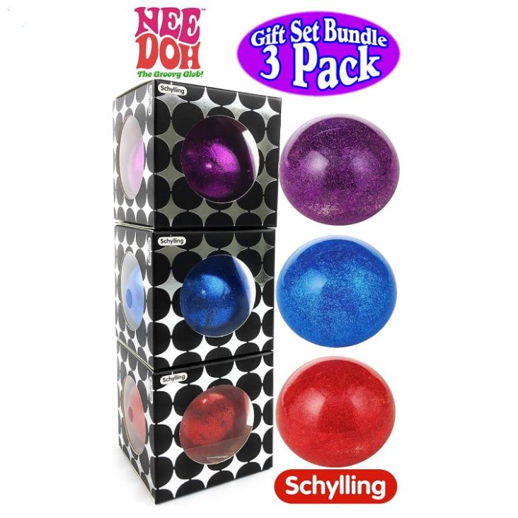 Nee-Doh Schylling Stardust Shimmer Groovy Glob! Squishy, Squeezy, Stretchy Stress Balls Blue, Red & Purple Complete Gift Set Party Bundle - 3 Pack