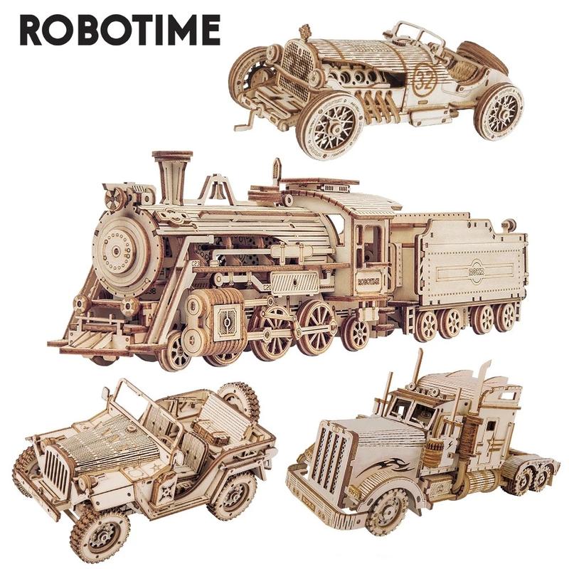 Robotime Rokr 3D Puzzle Movable Steam Train Car Jeep Assembly Toy Gift for Children Adult Wooden Model Building Block Kits MC401 MC501 MC502 MC701