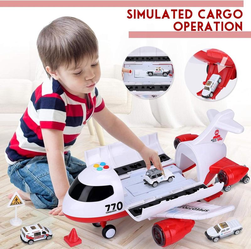 Airplane Toy Kids Plane 15 Inches Large with Light and Sound for 3 4 5 6 7 Year Old Boys Girls Toddlers, Ambulance Aircraft Toy Vehicle Play Set with Traffic Signs and 6 Rescue Trucks