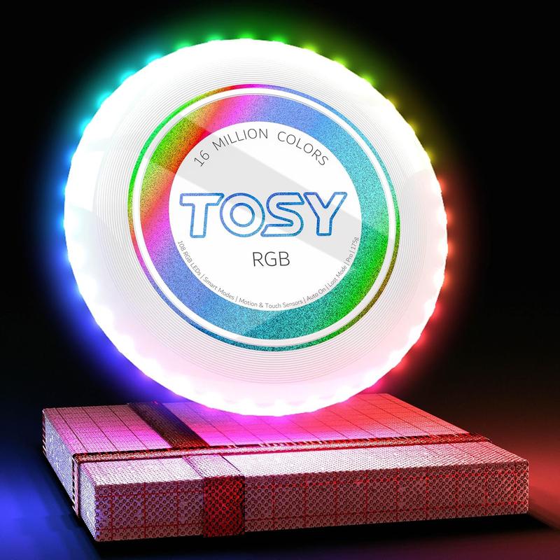 TOS Flying Disc - 16 Million Color RGB or 36 LEDs, Extremely Bright, Smart Modes, Auto Light Up, Rechargeable, Cool Fun Christmas, Birthday & Camping Gift for Men Boys Teens Kids, 175g Frisbee