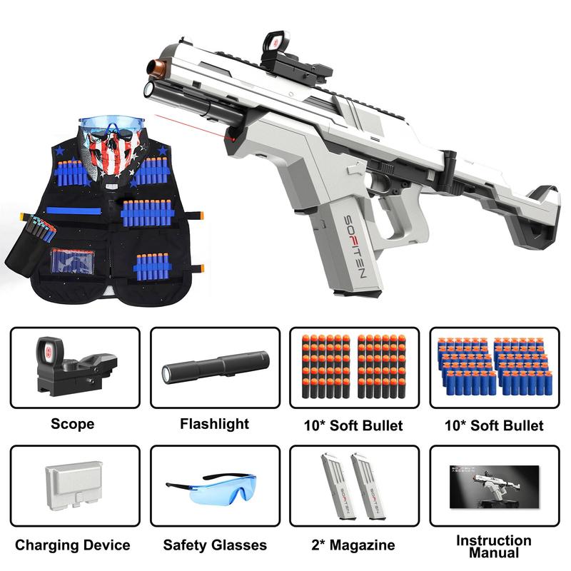 Acsend N Launching Toys, 1 Set Automatic Toy with Tactical Vest Kit, Foldable Stock Foam Shooter Toy with Infrared and Flashlight Power Indicator for Adults