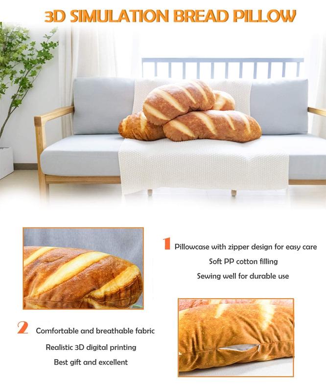 40 in Bread Pillow, 40 in 3D Simulation Bread Shape Pillow Soft Lumbar Baguette Back Cushion Funny Food Plush Stuffed Toy