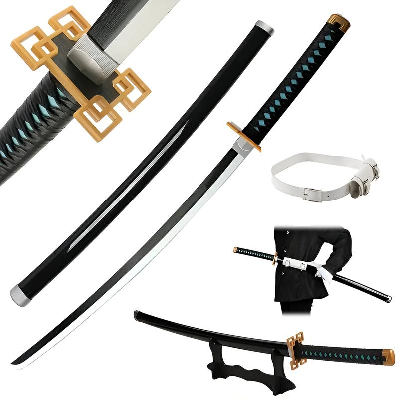 Anime Wooden Samurai Sword - Multiple Designs, Safe and Decorative, Perfect for Cosplay, Role Play, Christmas Gift for Boys & Girls, Includes Display Stand & Belt