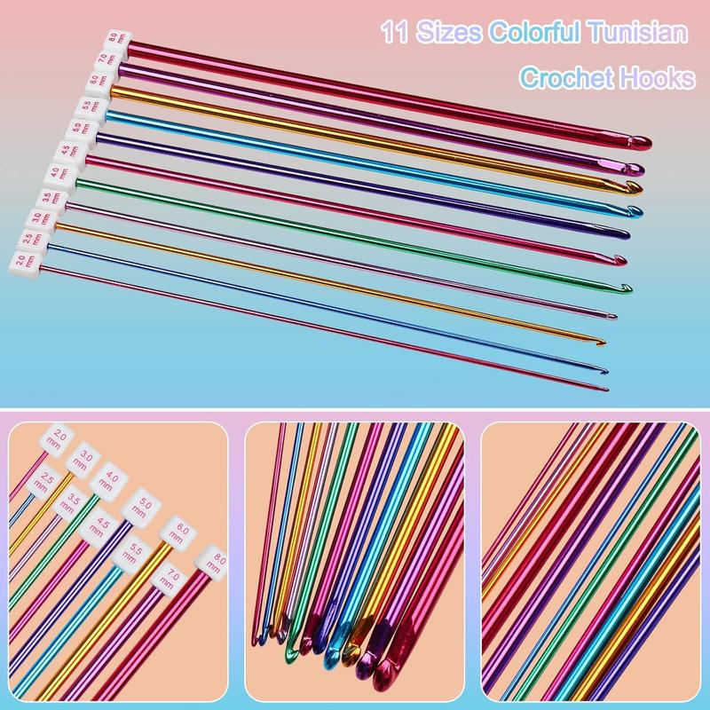 Tunisian Crochet Hooks Set, Multicolor Tunisian Crochet Hook B-L Afghan 27cm Long Crochet Hooks, 11 count Aluminum Tunisian Crochet Hook for Crochet Lovers & Beginners (2mm to 8mm)