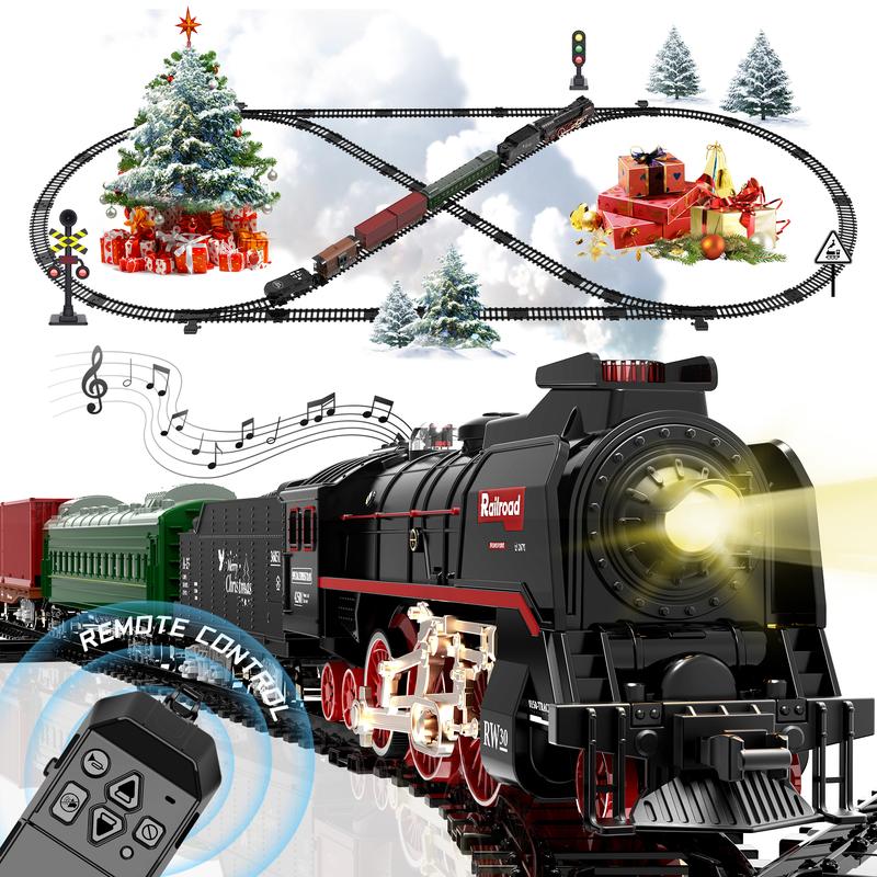 Sweetrip Remote Control Train Truck Track Set for Boys' Toy Cars, Train Toy Cars with Smoke, Lights & Sound, Toy Train Steam Locomotive with Carriages, Tracks & Bridge, Model Trains for Ages 3+