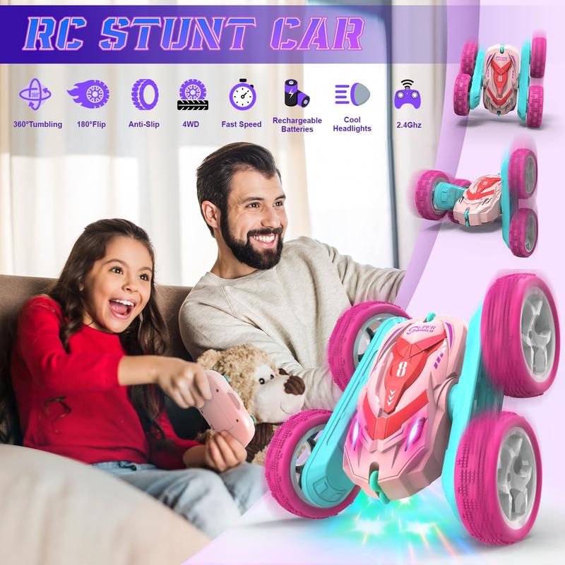 Remote Control Car Double Sided 360° Flip Rotating 4WD 2.4Ghz Rechargeable Car Toy with Headlights For Outdoor & Indoor for 6-12 years old Kids