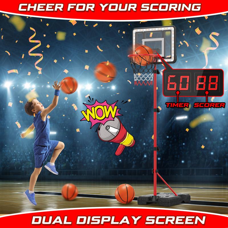 Basketball Hoop for Kids with Stand, Adjustable Height Basketball Hoop with Electronic Scoreboard and LED Light, Indoor Outdoor Backyard Sport Game Gifts Toys for 3 4 5 6 7 8