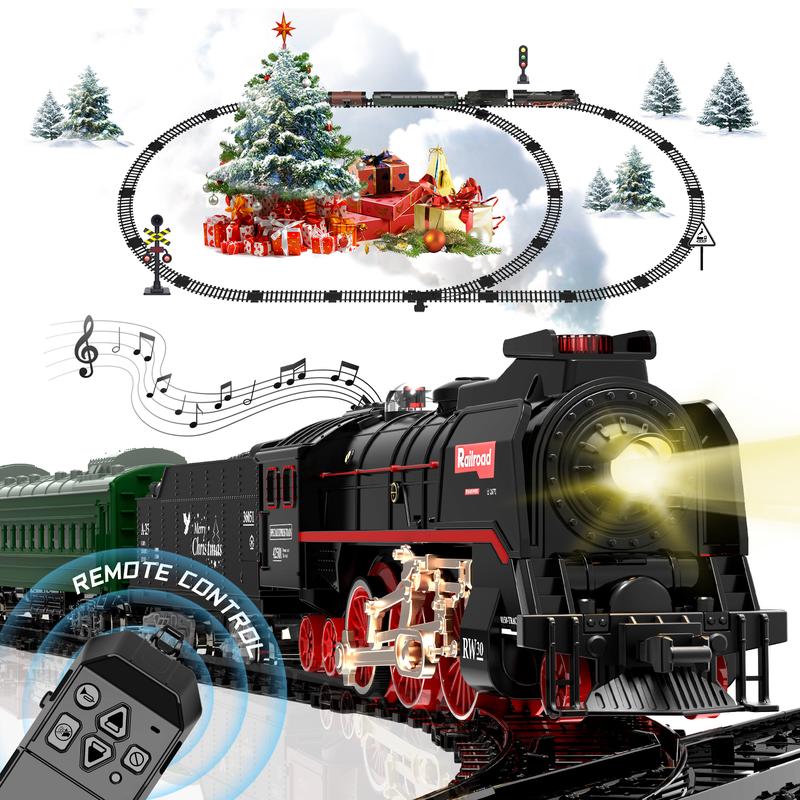 Sweetrip Remote Control Train Truck Track Set for Boys' Toy Cars, Train Toy Cars with Smoke, Lights & Sound, Toy Train Steam Locomotive with Carriages, Tracks & Bridge, Model Trains for Ages 3+