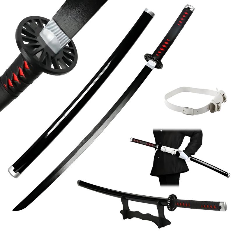 Anime Wooden Samurai Sword - Multiple Designs, Safe and Decorative, Perfect for Cosplay, Role Play, Christmas Gift for Boys & Girls, Includes Display Stand & Belt