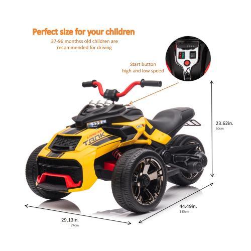 24V Kids Ride On ATV, 3 Wheeler Electric Vehicle, Battery Powered Ride on motor-cycle for Boys Girls with LED Lights, Music, High Low Speed, Soft Start,without Remote Control,Birthday Christmas Gift For Child,Yellow