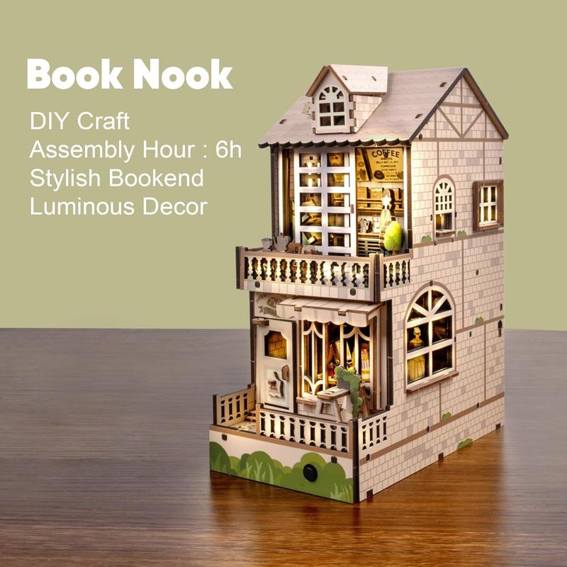 DIY Book Nook Kit, 3D Wooden Puzzle Bookshelf Insert Diorama Kit with LED, DIY Bookend Miniature Model Kits Crafts Hobbies Gifts for Adults and Kids (Coffee Shop)