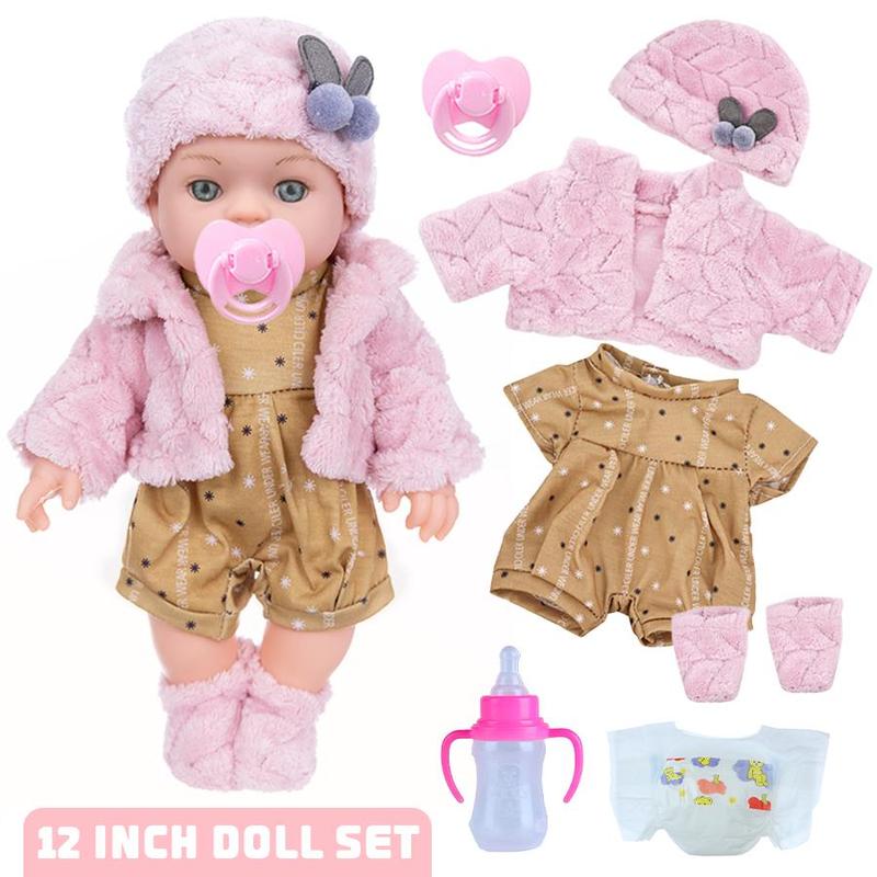 12 Inch Realistic Baby Doll with Accessories, 1 Set Cute Reborn Doll with Bottle & Pacifier & Diaper & Clothes, Birthday Gift for Kids