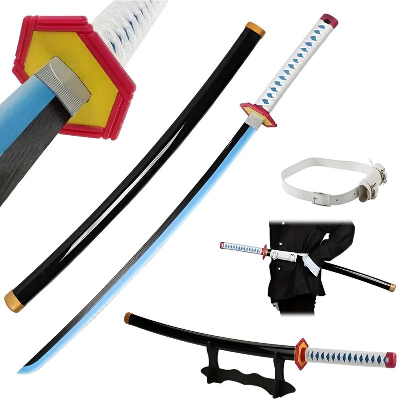 Anime Wooden Samurai Sword - Multiple Designs, Safe and Decorative, Perfect for Cosplay, Role Play, Christmas Gift for Boys & Girls, Includes Display Stand & Belt