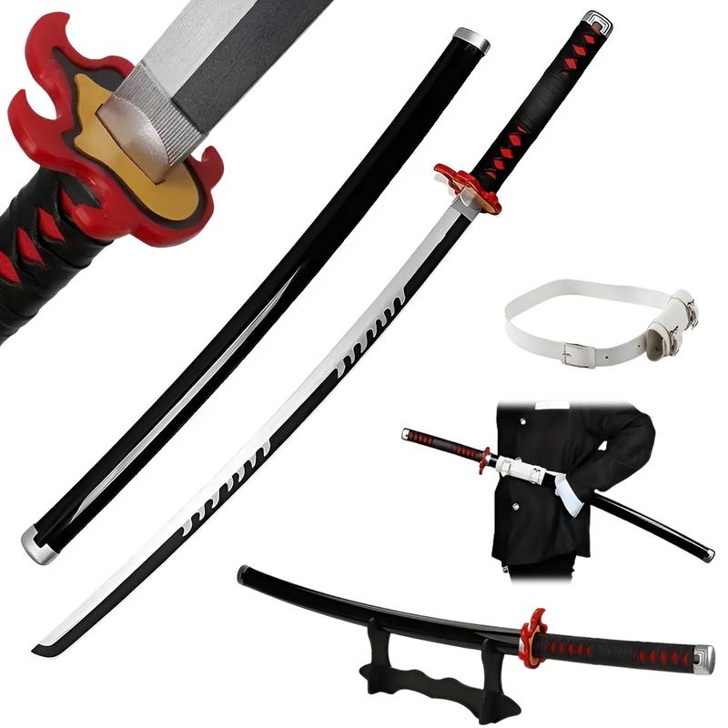 Anime Wooden Samurai Sword - Multiple Designs, Safe and Decorative, Perfect for Cosplay, Role Play, Christmas Gift for Boys & Girls, Includes Display Stand & Belt