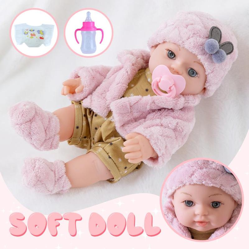 12 Inch Realistic Baby Doll with Accessories, 1 Set Cute Reborn Doll with Bottle & Pacifier & Diaper & Clothes, Birthday Gift for Kids