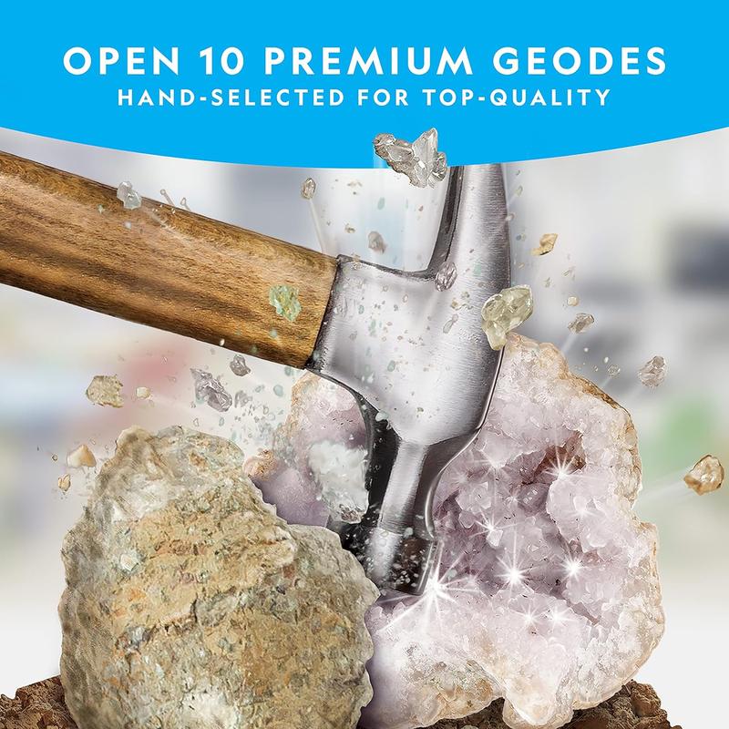 NATIONAL GEOGRAPHIC Break Open 10 Premium Geodes – Includes Goggles and 2 Display Stands - Great STEM Science Kit, Geology Gift for Kids, Break Your Own Geodes with Crystals,