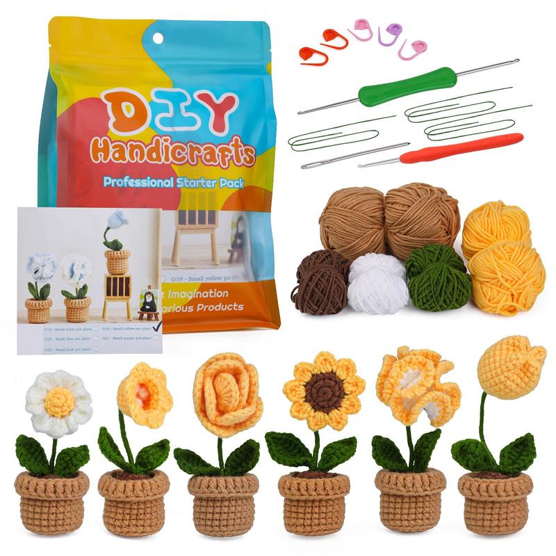 Potted Flower Crochet Kit, 6 Counts set Crochet Starter Kit with Step-by-Step Video Tutorials, Crochet Supplies for Beginners, DIY Handmade Crochet Supplies