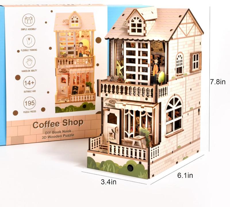 DIY Book Nook Kit, 3D Wooden Puzzle Bookshelf Insert Diorama Kit with LED, DIY Bookend Miniature Model Kits Crafts Hobbies Gifts for Adults and Kids (Coffee Shop)