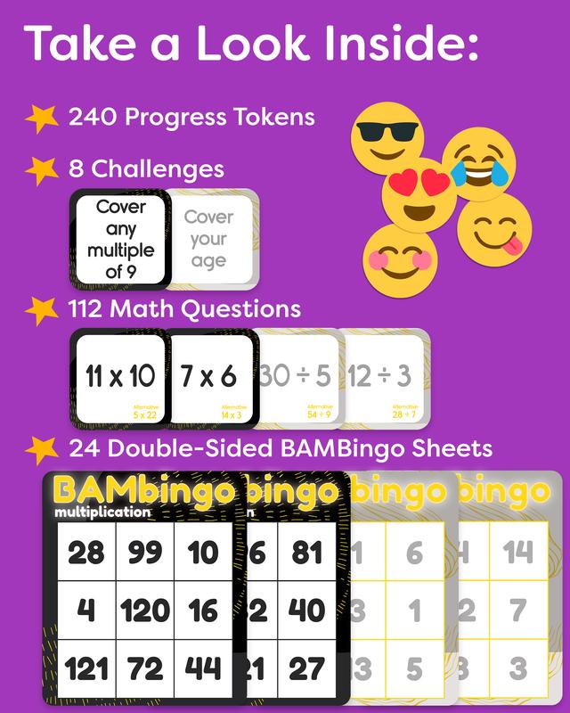 Math Flash Cards Bingo Game - Multiplication and Division Math Games for Kids Ages 8-12 - Educational Board Game for 3rd 4th 5th Grade