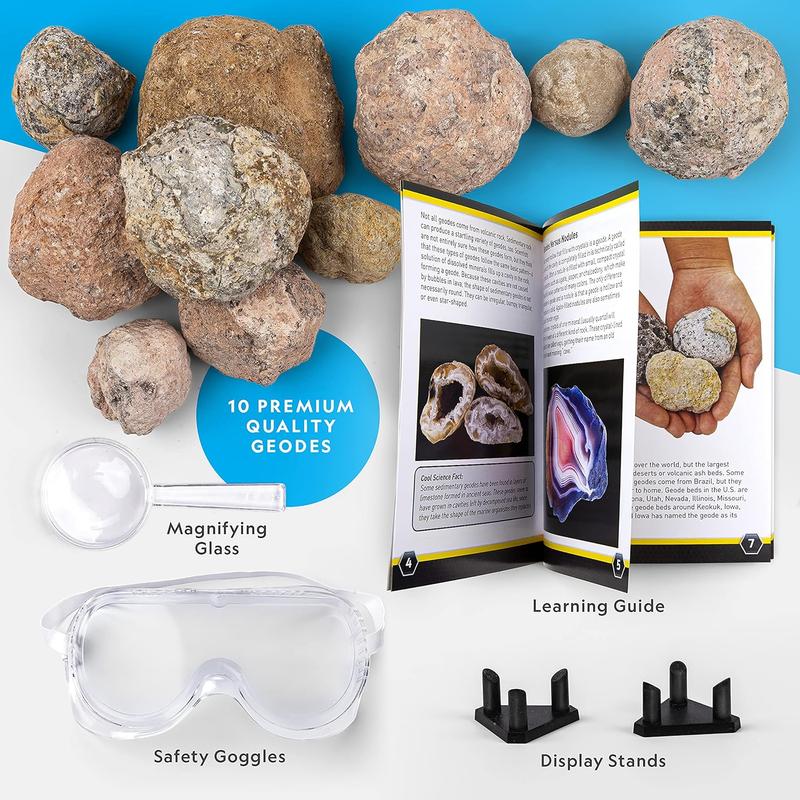 NATIONAL GEOGRAPHIC Break Open 10 Premium Geodes – Includes Goggles and 2 Display Stands - Great STEM Science Kit, Geology Gift for Kids, Break Your Own Geodes with Crystals,