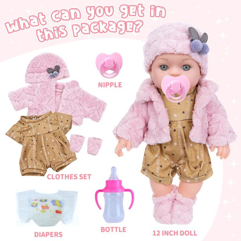 12 Inch Realistic Baby Doll with Accessories, 1 Set Cute Reborn Doll with Bottle & Pacifier & Diaper & Clothes, Birthday Gift for Kids