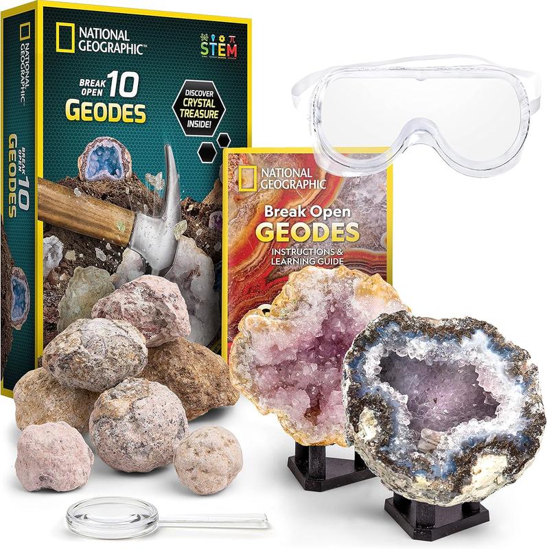 NATIONAL GEOGRAPHIC Break Open 10 Premium Geodes – Includes Goggles and 2 Display Stands - Great STEM Science Kit, Geology Gift for Kids, Break Your Own Geodes with Crystals,