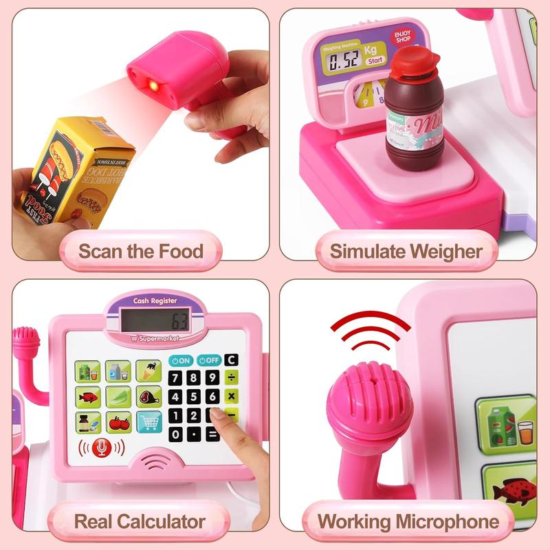 Christmas Gift Pretend Play Calculator Cash Register Toy for Kids - Pink Grocery Store Playset with Realistic Features, 57 Pieces