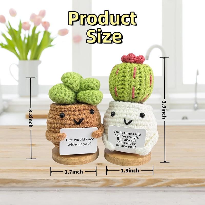 Crochet Positive Cactus Emotional Support Handmade Knitted Cactus Toy Emotional Positive Life Doll Ornaments Gifts with Stand for Adults Friends Room Office Desktop Decor