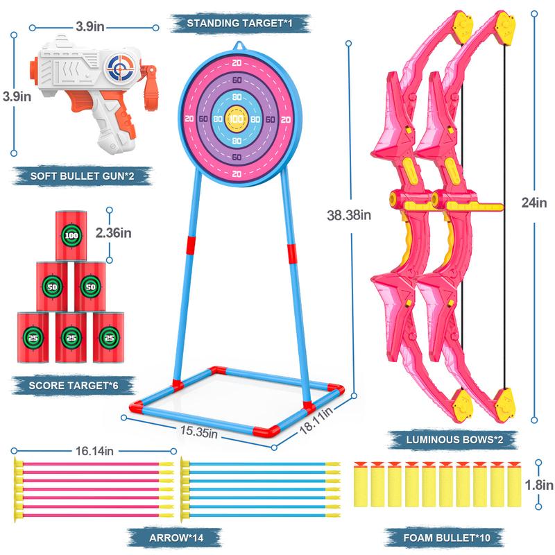 2 Pack Bow and Arrow Set for Kids, Light Up Archery Set with 14 Suction Cup Arrows, Archery Targets Outdoor Games for Kids Ages 4-8 8-12, Birthday Gifts Toys for 5 6 7 8 9 10 11 12 Year Old Boys Girls LED Flashlight LED Bow