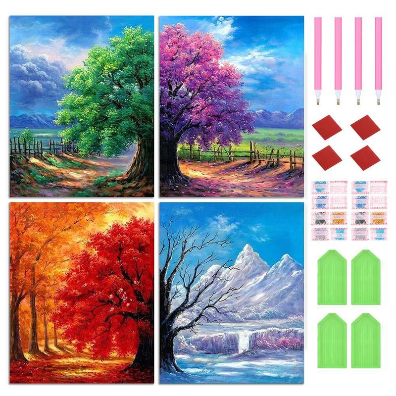 Tree Pattern DIY Diamond Arts Colorful Painting Kit without Frame, 4 Counts set DIY 5D Diamond Arts Colorful Painting Kit, Wall Art Decor for Home