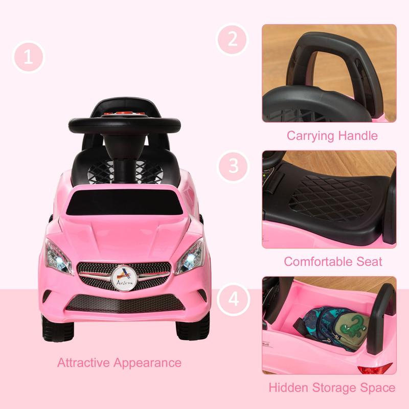 Kids Ride On Push Car, Foot-to-Floor Walking Sliding Toy Car for Toddler with Working Horn, Music, Headlights and Storage, Pink