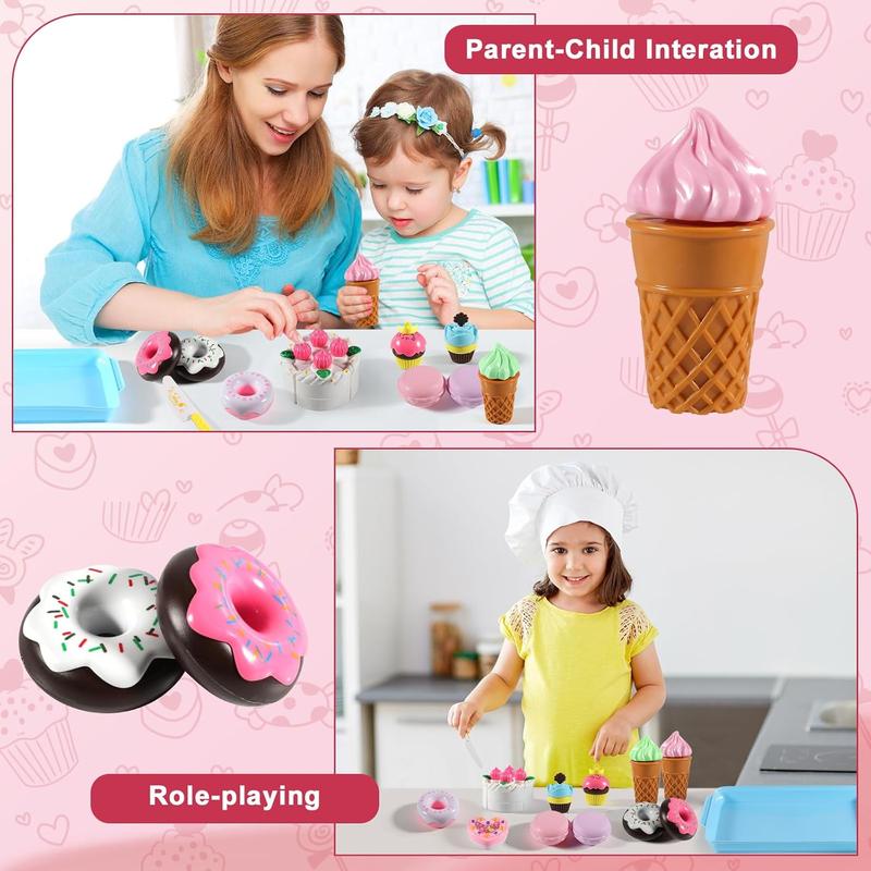 Chrismas Play Food Sets for Kids Kitchen - Kitchen Accessories for Kids - Toy Food - Pretend Play Plastic Desserts Cake Ice Cream and Donuts - Educational Toy Gift for Toddler, Boys, Girls, Kids