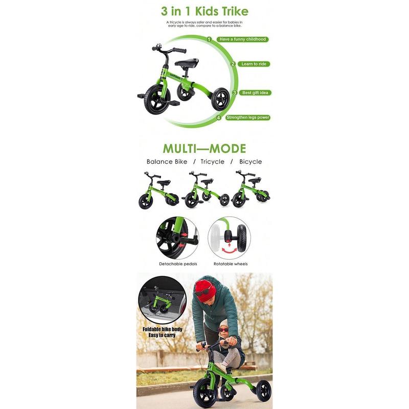 3 In 1 Tricycle For Toddlers Age 2-5 Years Old, Folding Toddler Bike Kids Balance Bikes With Adjustable Seat And Removable Pedal, Ride-On Toys For Infant, Gift For Baby Boys Girls Birthday