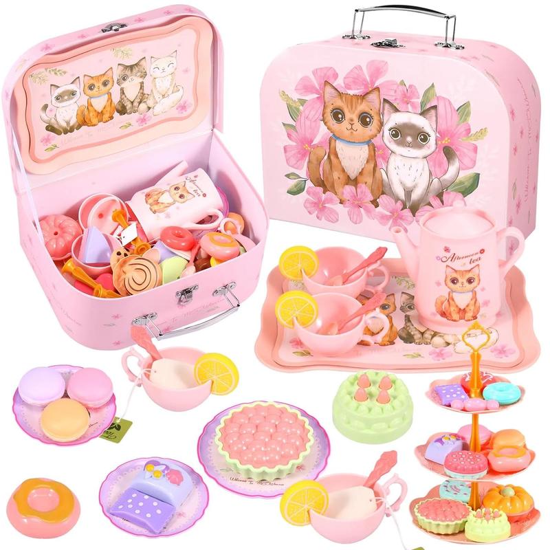 46Pcs Cat Tea Party Set for Little Girls -  Pretend Play Toy, Birthday Gift for Kids, Includes Cat Tea Set, Desserts, and Carrying Case