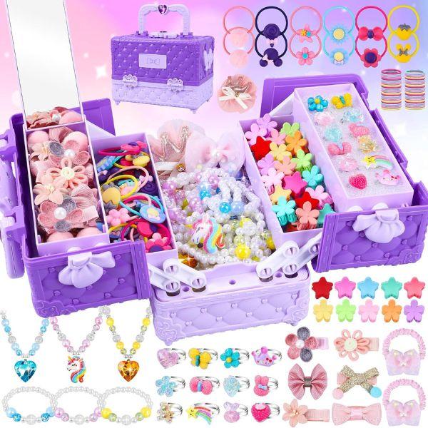 Christmas Gift 172Pcs Jewel Rings, Necklaces, Bracelets, Hair Ties, Hair Clips, Princess Dress Up Toys Pretend Play Set