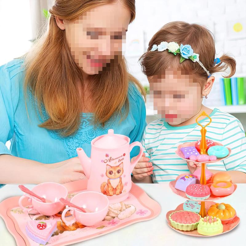 46Pcs Cat Tea Party Set for Little Girls -  Pretend Play Toy, Birthday Gift for Kids, Includes Cat Tea Set, Desserts, and Carrying Case