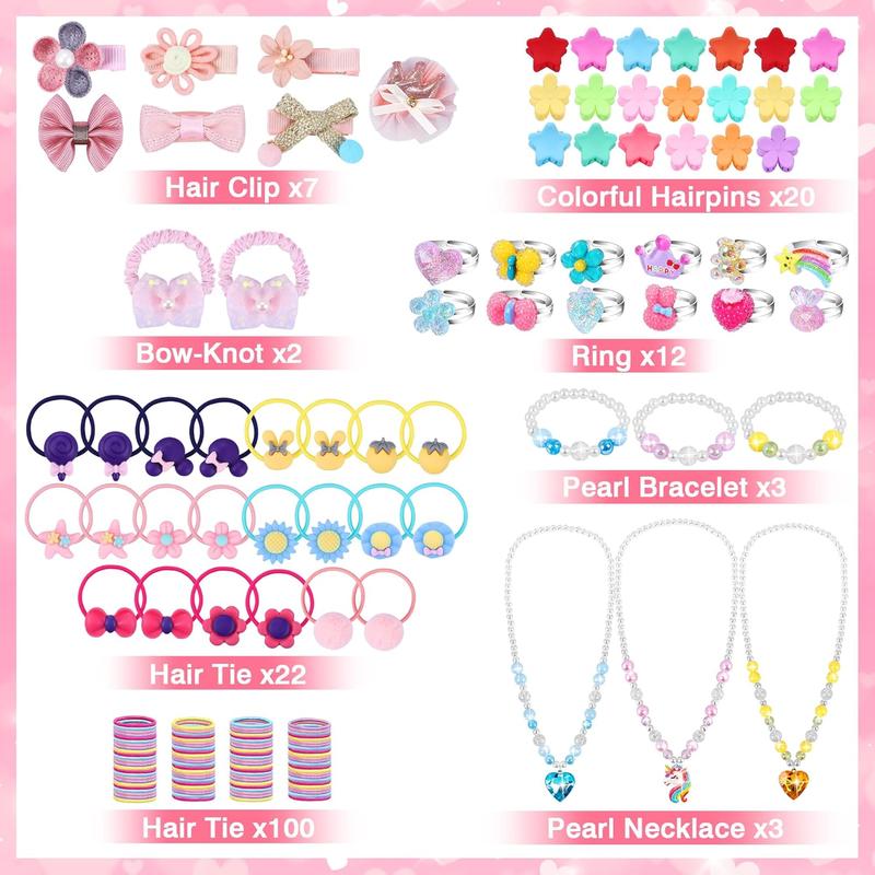 Christmas Gift 172Pcs Jewel Rings, Necklaces, Bracelets, Hair Ties, Hair Clips, Princess Dress Up Toys Pretend Play Set