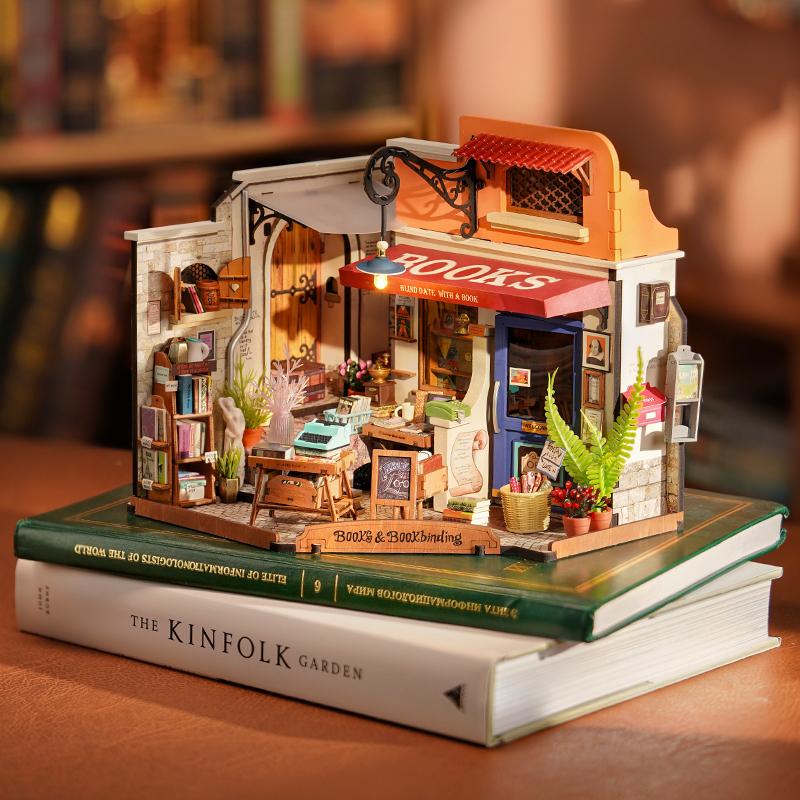 Rolife Miniature House Kit DIY Mini Dollhouse Corner Bookstore Tiny Store Making Kit with LED Wooden Craft Diorama Kit Decorative Hobby Unique Gift