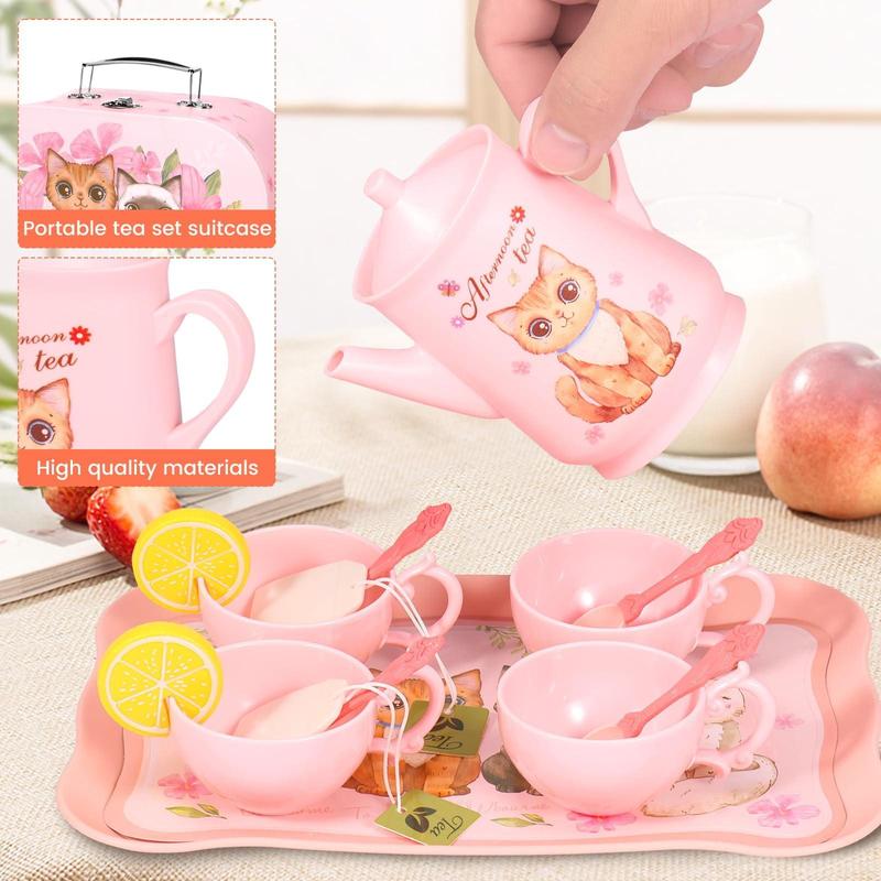 46Pcs Cat Tea Party Set for Little Girls -  Pretend Play Toy, Birthday Gift for Kids, Includes Cat Tea Set, Desserts, and Carrying Case