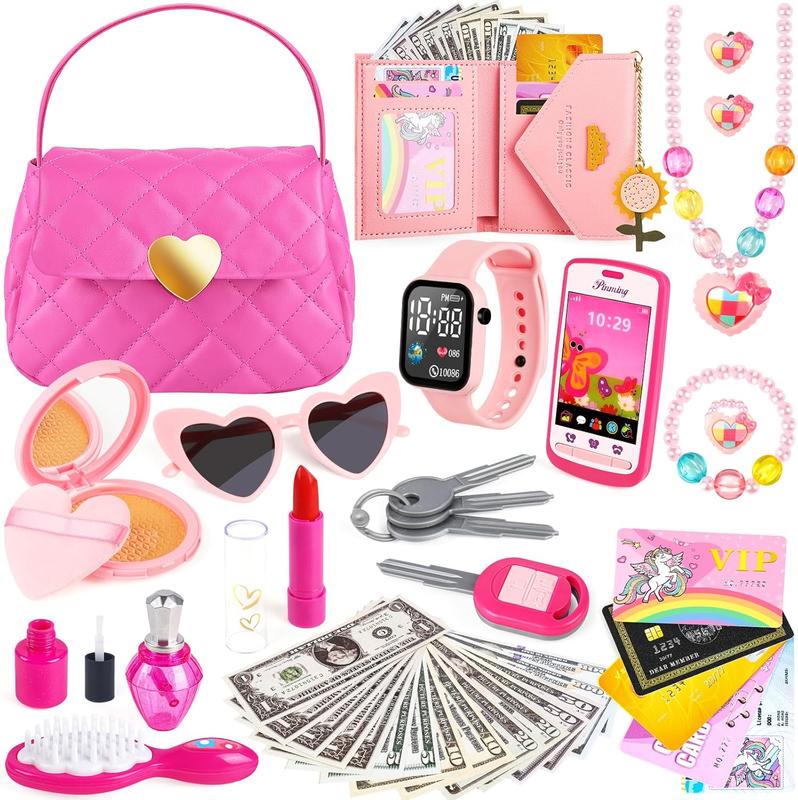 Kids Play Purse for Little Girls Toddlers, Toy Purse with Accessories, Wallet, Fake Phone, Fake Makeup Toys & Play Jewelry, Toddler Pretend Play Toys for Girls, Little Girl Christmas Gift