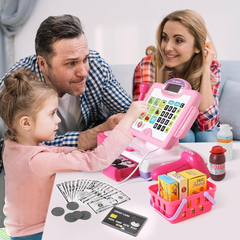 Christmas Gift Pretend Play Calculator Cash Register Toy for Kids - Pink Grocery Store Playset with Realistic Features, 57 Pieces