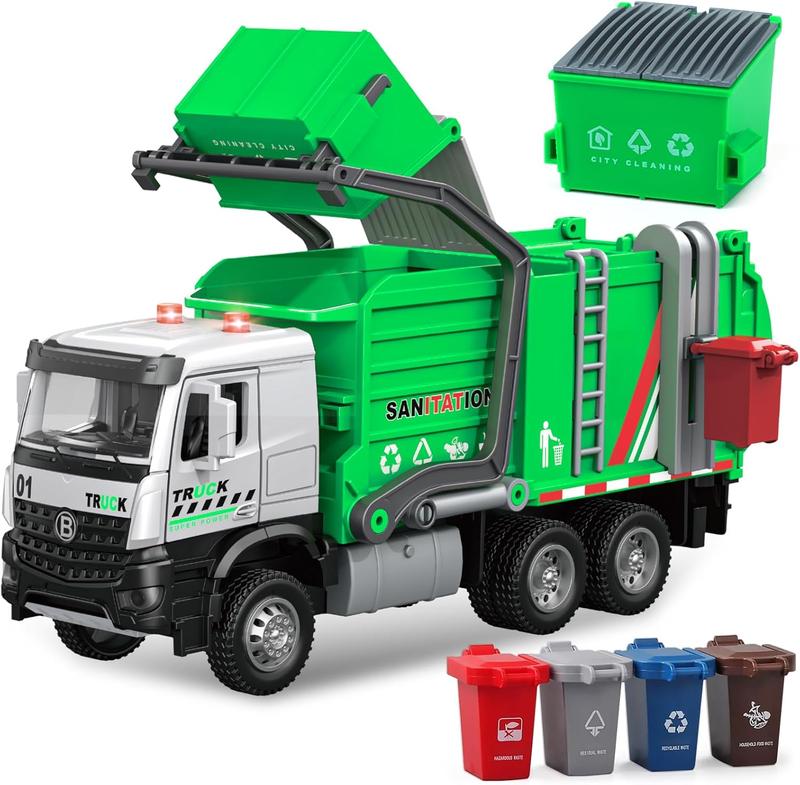 Kids Garbage Truck Toy – Friction-Powered Trash Truck with Light & Sound, Includes 4 Toy Garbage Cans – Best STEM Gift for Toddlers Ages 3+