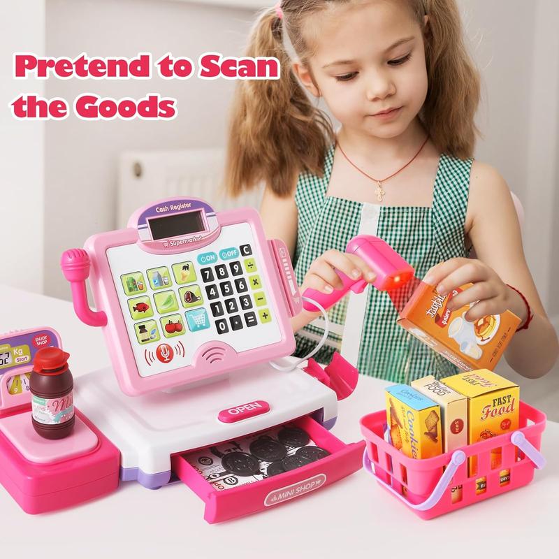 Christmas Gift Pretend Play Calculator Cash Register Toy for Kids - Pink Grocery Store Playset with Realistic Features, 57 Pieces