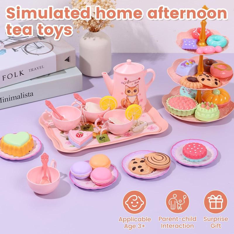 46Pcs Cat Tea Party Set for Little Girls -  Pretend Play Toy, Birthday Gift for Kids, Includes Cat Tea Set, Desserts, and Carrying Case