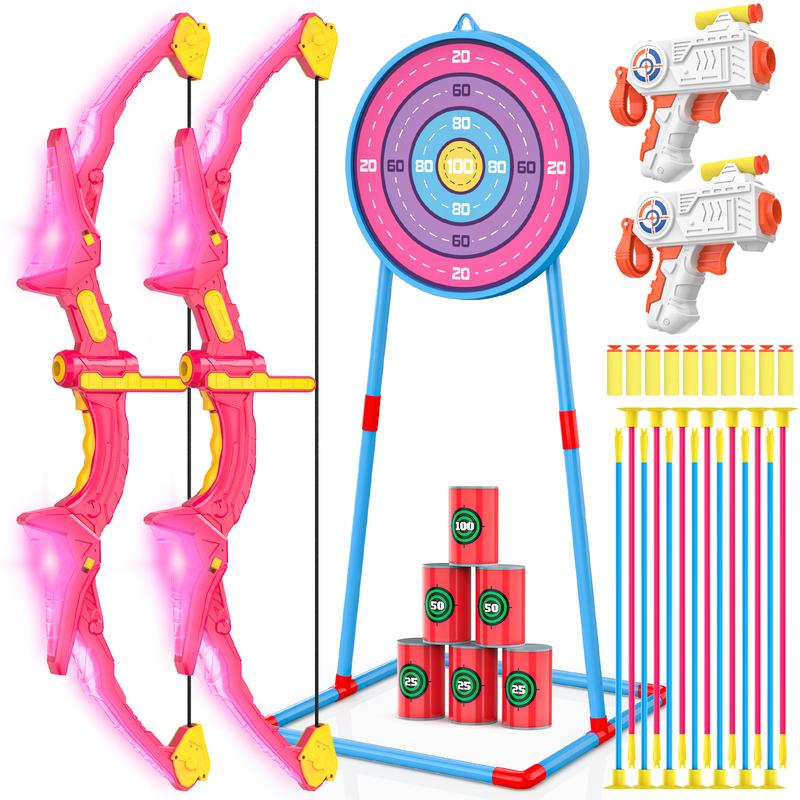 2 Pack Bow and Arrow Set for Kids, Light Up Archery Set with 14 Suction Cup Arrows, Archery Targets Outdoor Games for Kids Ages 4-8 8-12, Birthday Gifts Toys for 5 6 7 8 9 10 11 12 Year Old Boys Girls LED Flashlight LED Bow