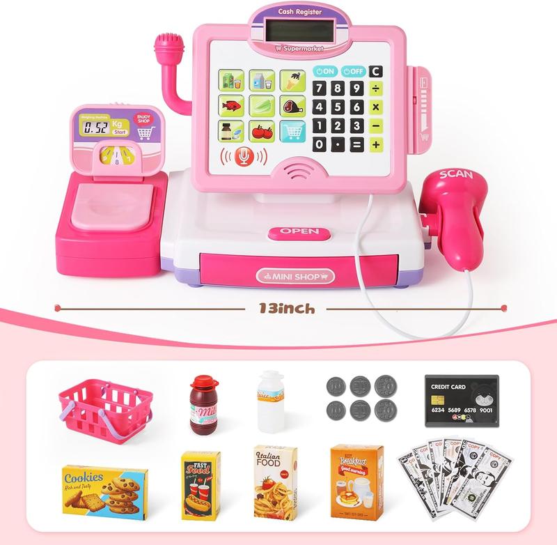 Christmas Gift Pretend Play Calculator Cash Register Toy for Kids - Pink Grocery Store Playset with Realistic Features, 57 Pieces